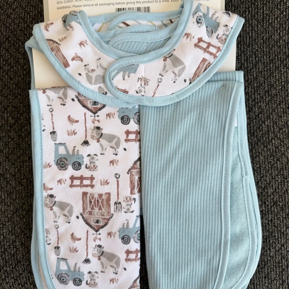 Modern Baby 3 bibs and 2 burp cloths - tractor/barn/cow print